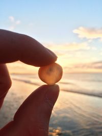 Close-up of woman hand holding sea against sky at sunset