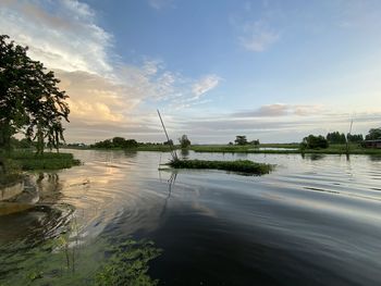 Scenic view of lake against sky during sunset