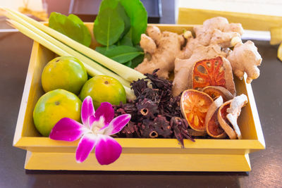 High angle view of fruits on table