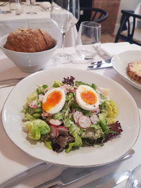 High angle view of breakfast served on table