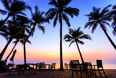 Silhouette palm trees on beach against sky during sunset