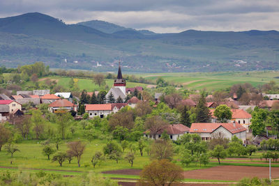 Houses on landscape against mountains