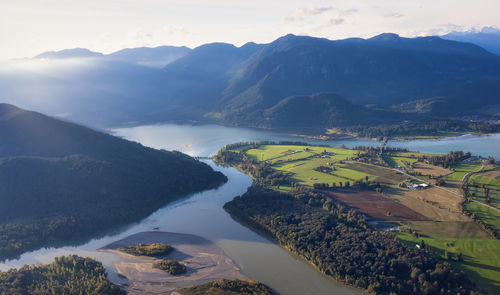 Scenic view of lake and mountains against sky