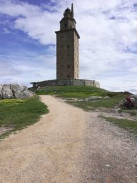 View of lighthouse by building against sky