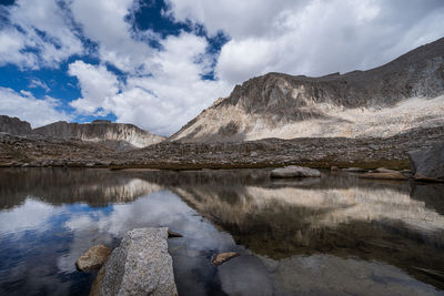 Scenic view of lake and mountains against sky