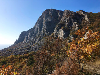 Low angle view of rocks against sky