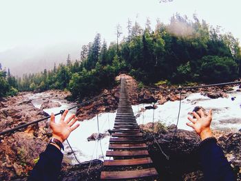 Low section of hand on tree against sky