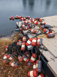 High angle view of fishing net on shore