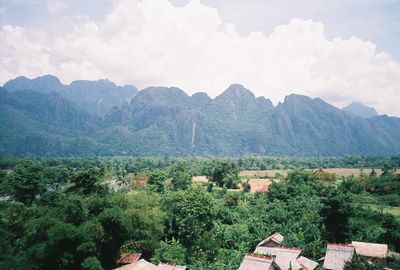 Town against mountain range