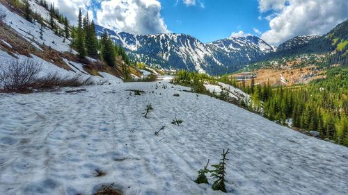 Scenic view of snow covered mountains against sky