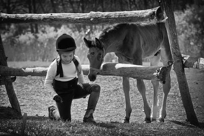 Girl kneeling by foal at fence on field