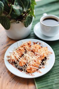 High angle view of food in plate on table