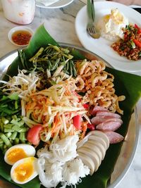 High angle view of meal served on table