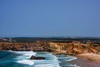 Scenic view of sea against clear blue sky