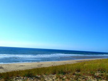 Scenic view of sea against clear blue sky