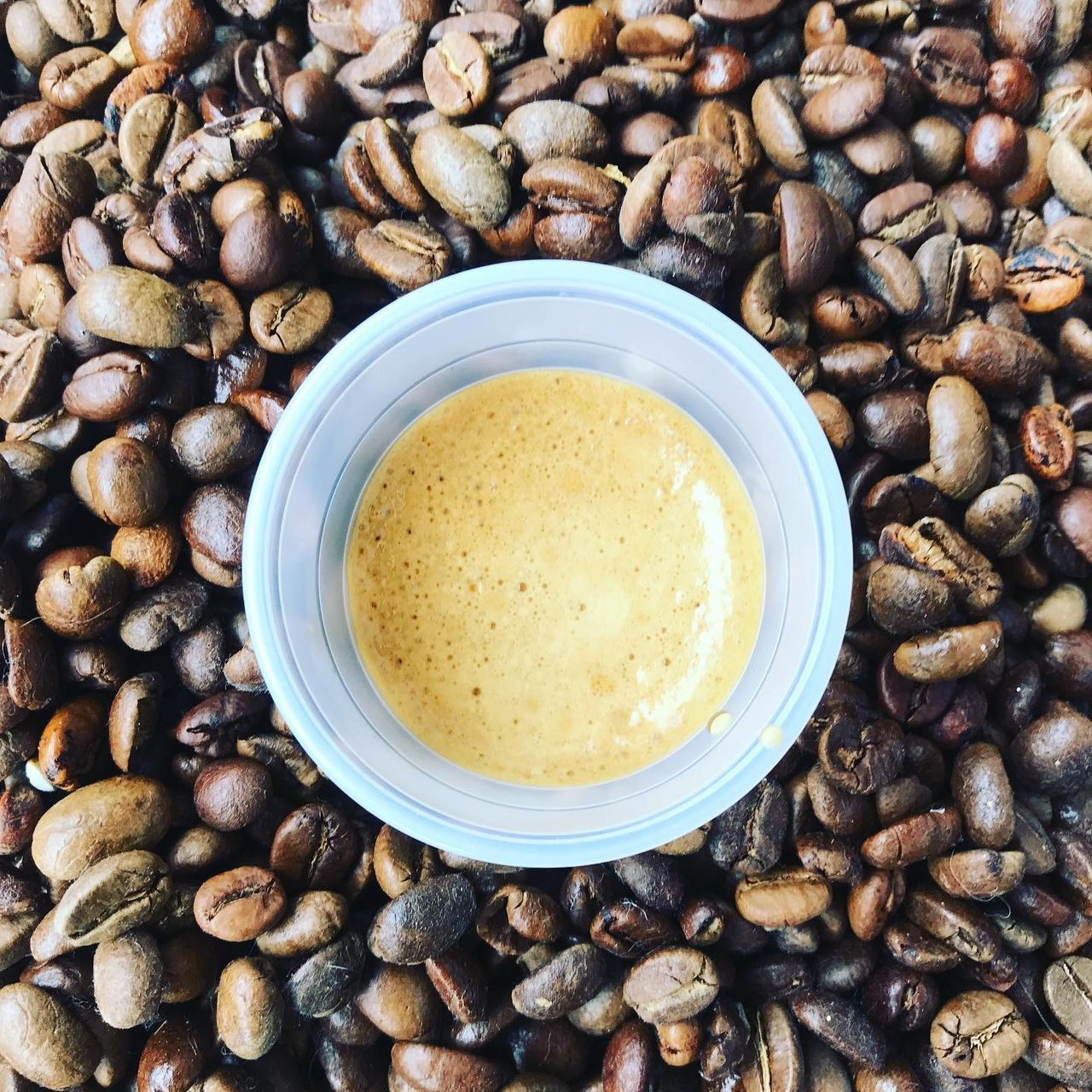 HIGH ANGLE VIEW OF COFFEE IN CONTAINER ON GROUND