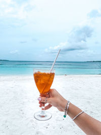 Man holding drink at beach against sky