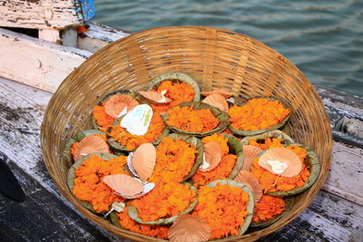 High angle view of fish in basket on table