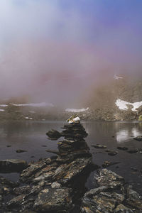 Scenic view of rocks in sea against sky