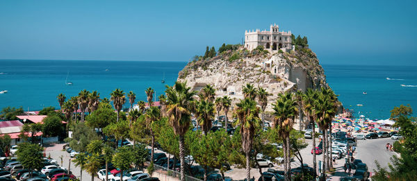 Panoramic view of sea against clear sky