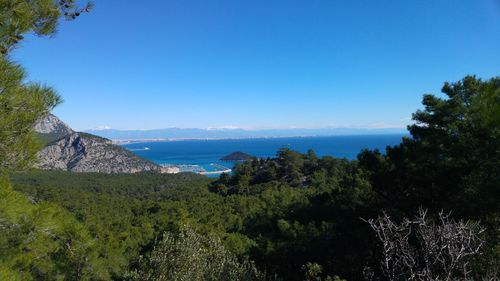 Scenic view of sea against clear blue sky