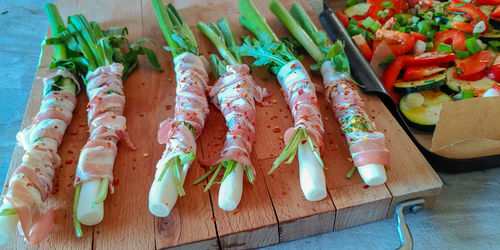 High angle view of chopped vegetables on table