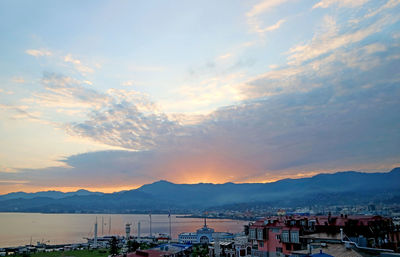 Panoramic aerial view of batumi port with the morning beams, batumi city, adjara region of georgia