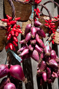 Close-up of red chili peppers in basket