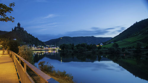 Scenic view of lake by mountains against sky