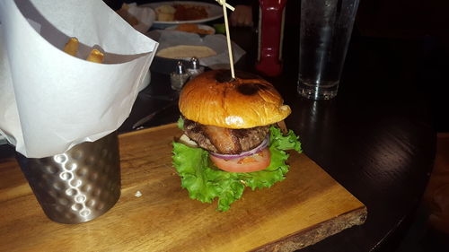 Close-up of burger on table