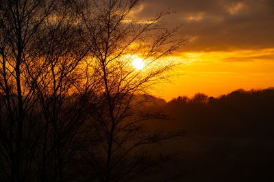 Low angle view of silhouette bare trees against romantic sky