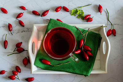 High angle view of coffee and drink on table