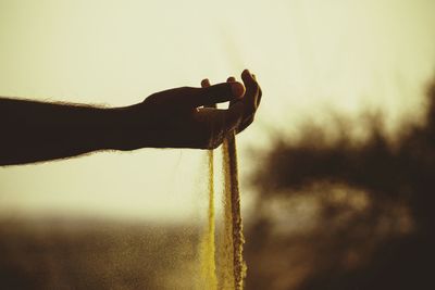 Close-up of cropped hand holding hair over white background