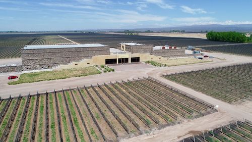 High angle view of agricultural field against sky