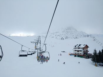 Overhead cable cars over snowcapped mountains against sky