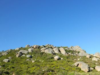 Scenic view of rocks against clear blue sky