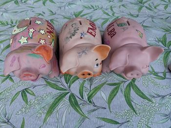 High angle view of stuffed toy on bed