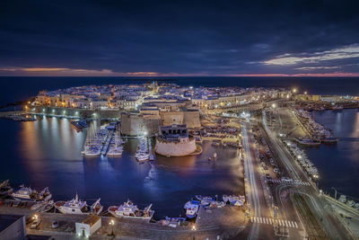 High angle view of illuminated city at night
