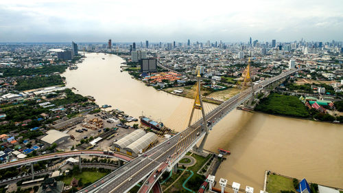 High angle view of buildings in city