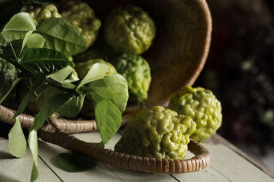 Close-up of green leaves on table