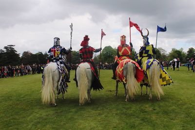 Horses on field against sky