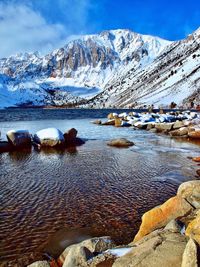 Scenic view of snowcapped mountains against sky during winter