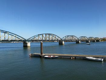 Bridge over calm river against clear blue sky