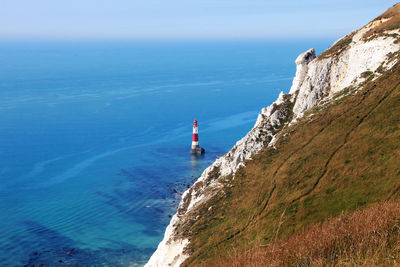 Lighthouse by sea against sky