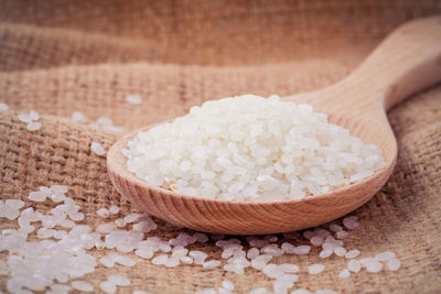 Close-up of raw rice in spoon