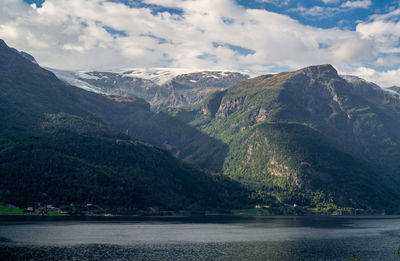 Scenic view of lake and mountains against sky