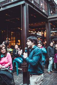 Group of people at restaurant at night