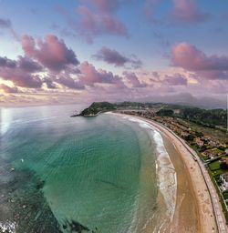 Aerial view of ribadesella and santa marina beach in asturias, spain.