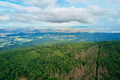 Sleza mountain landscape. aerial view of mountains with forest.