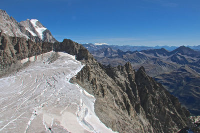 Panoramic view of snowcapped mountains against clear blue sky